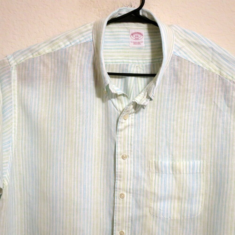 Brooks Brothers Shirt Mens 2XL Short Sleeve Button Linen White Green Striped